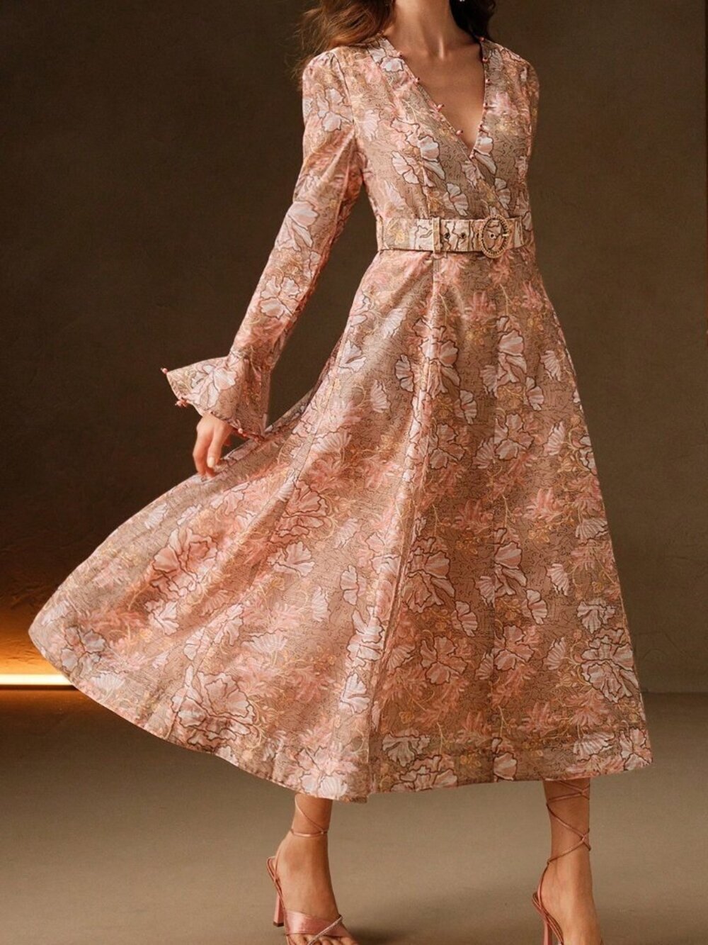 Multicolor Vacation Women's Print V-Neck Dress Cinched Waist With Belt